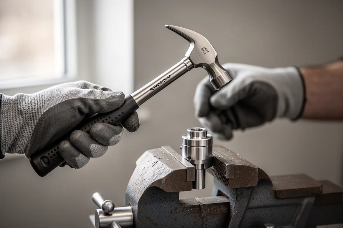 Des mains positionnant un marteau de précision au-dessus d'un petit composant sur un plan de travail