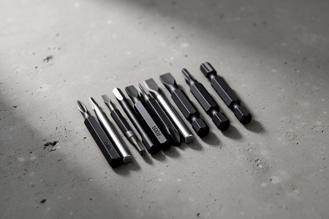 Piccolo set di bit di precisione con rivestimento ossido nero disposti su una superficie in cemento