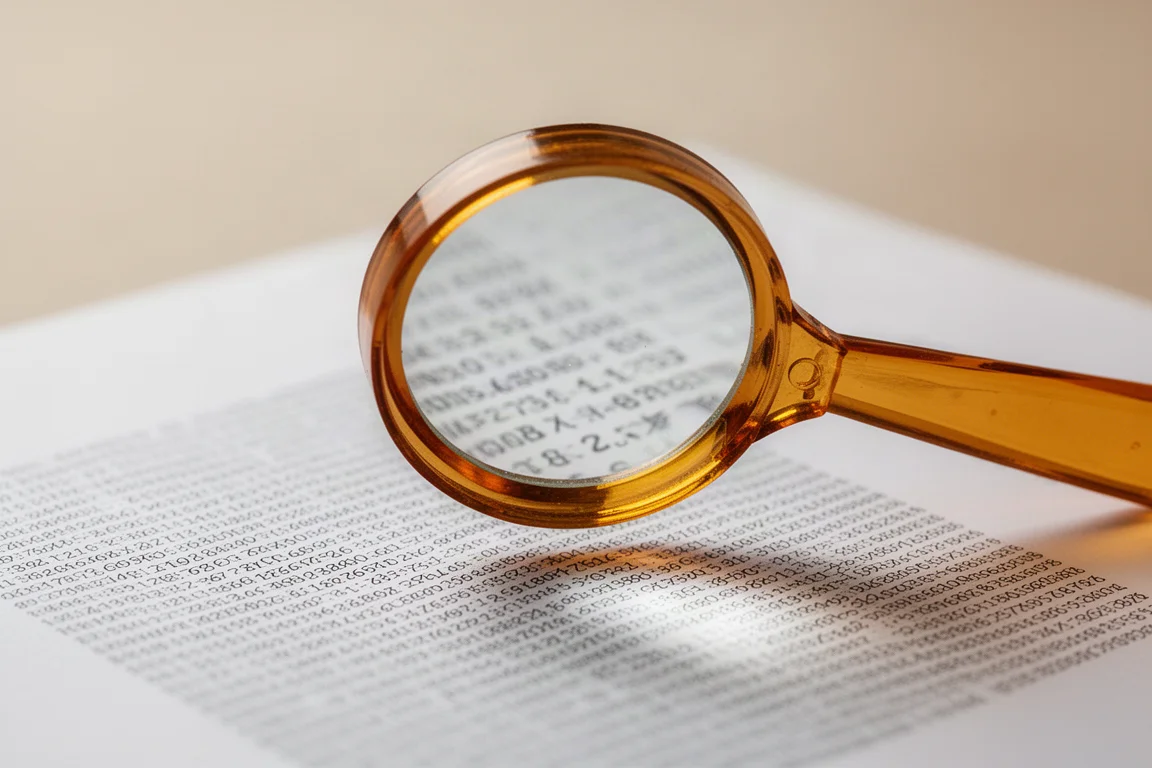 Sapphire magnifying glass held over printed micro text, edge-to-edge clarity visible