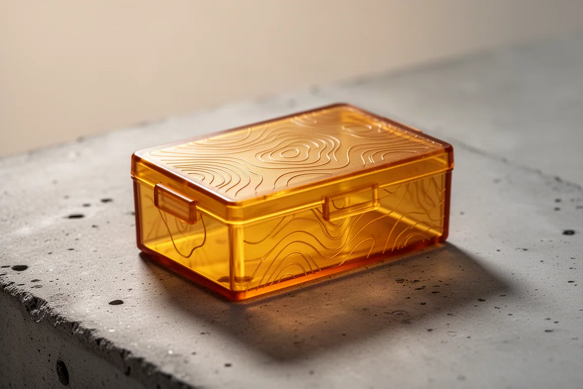 Translucent Ultem storage box glowing softly when lit from behind