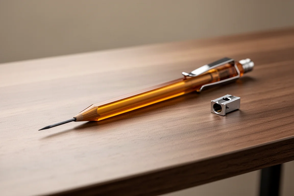 Lightweight drafting pencil with long lead beside a pocket clip detail