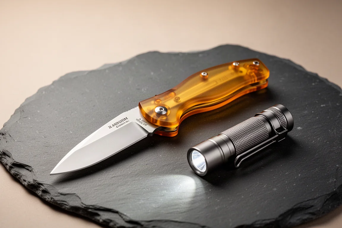 Folding pocket knife with translucent handle and a small companion flashlight