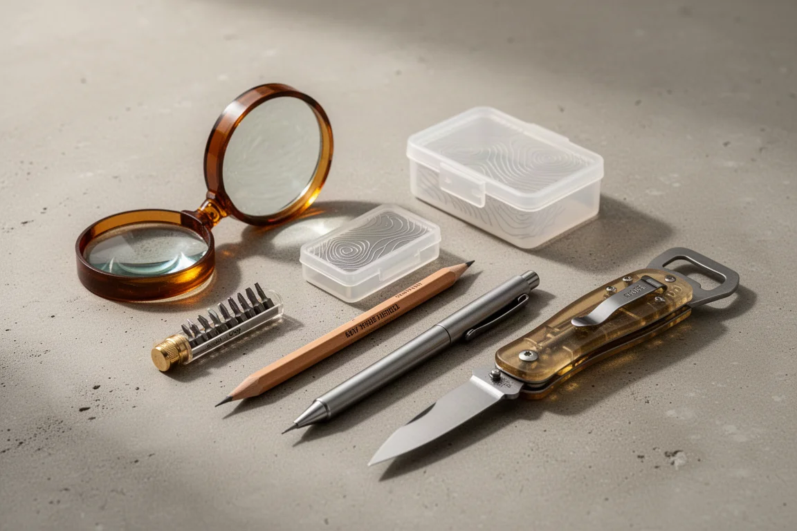 Sieben kleine transluzente Ultem-Everyday-Carry-Tools, auf einer Betonoberfläche arrangiert