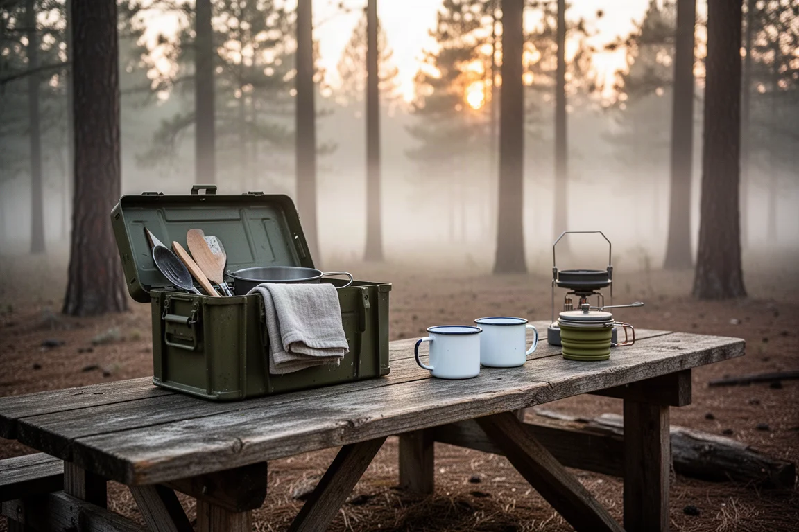 Campsite kitchen table at golden hour with an open storage crate and camp cooking gear