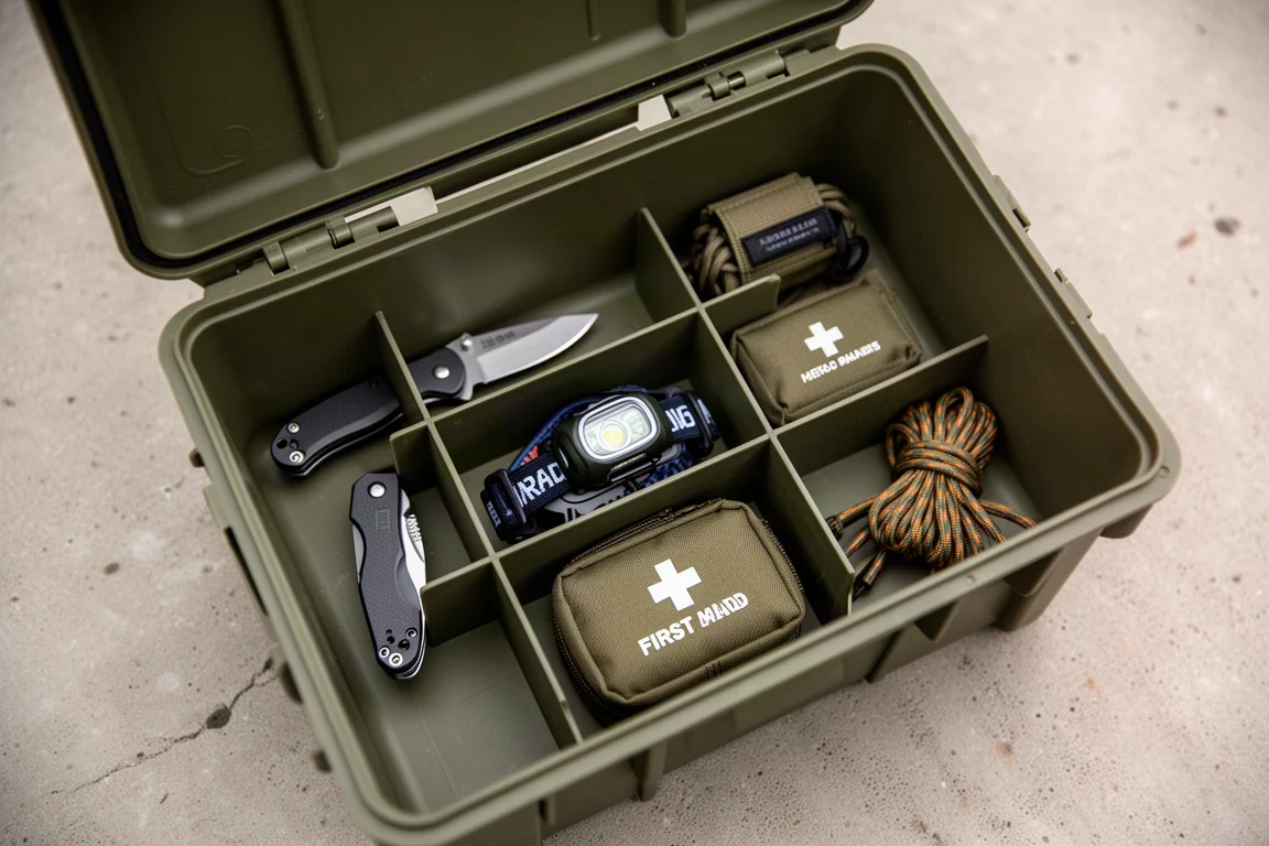 Top-down view of an open storage crate divided into small compartments holding outdoor gear