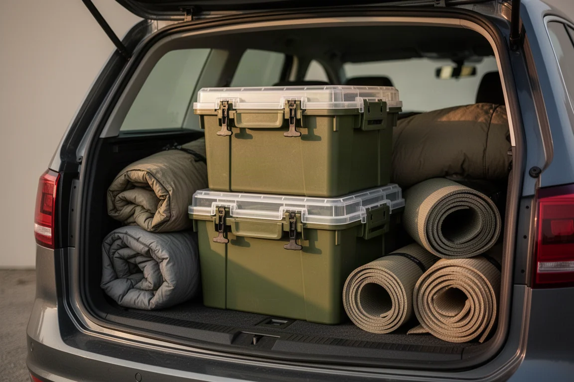 Half-filled tapered plastic storage bin with jumbled contents on a garage floor