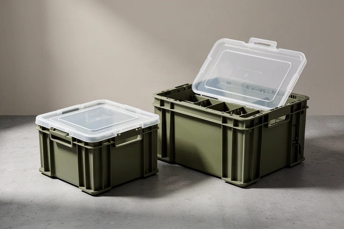 Three modular olive green storage crates on a concrete surface with one lid open