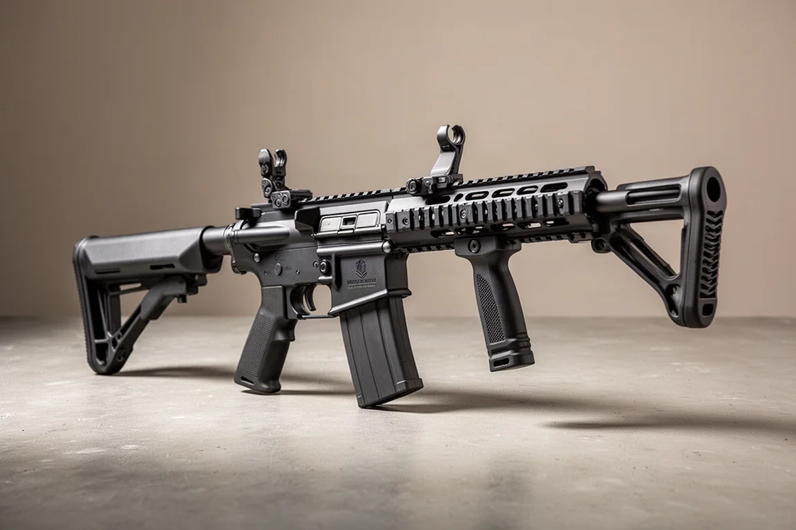 CYMA Spikes Tactical M4 空氣軟槍放置在霧面水泥地面上