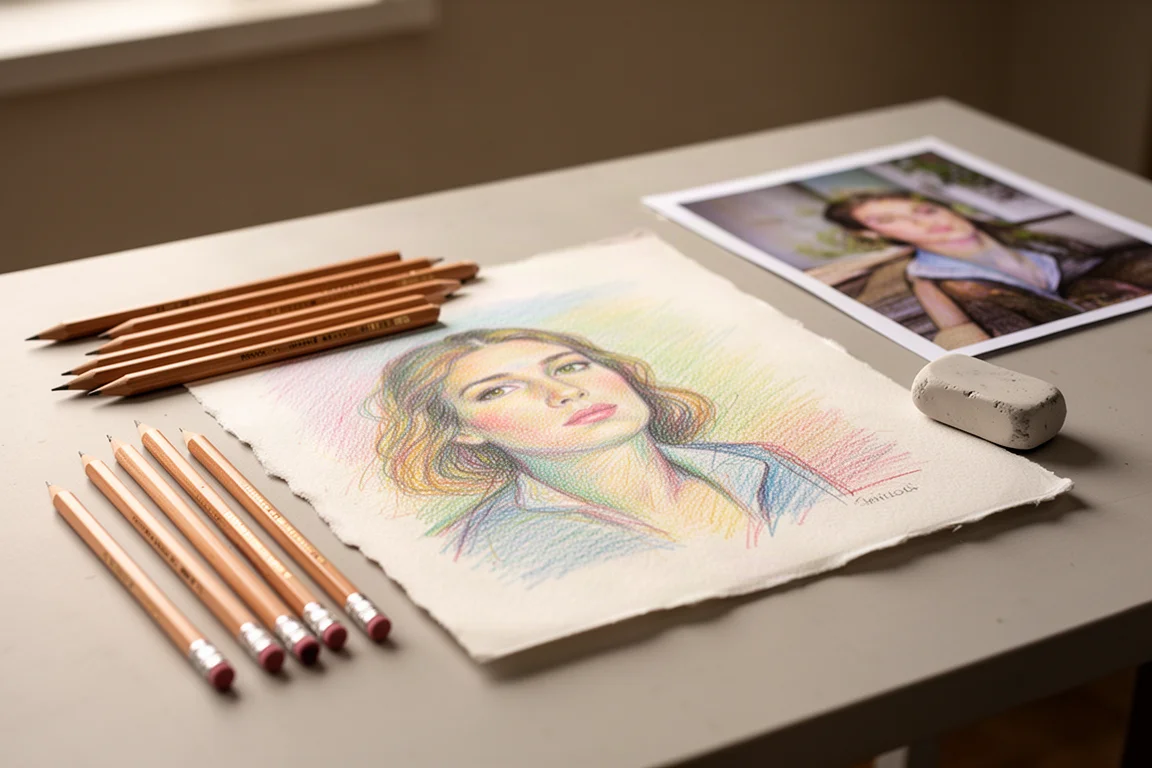 Artista de lápices de colores trabajando en un dibujo detallado en un escritorio luminoso