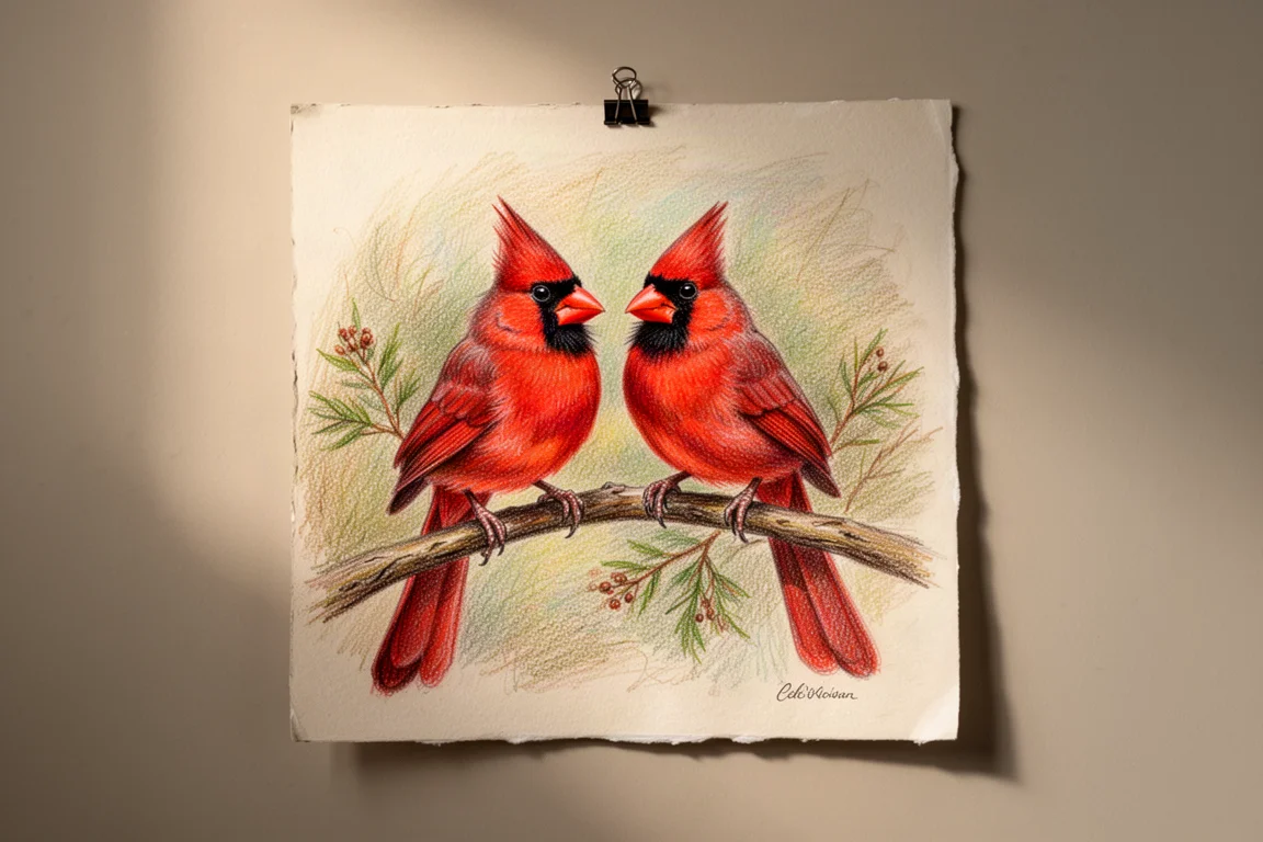Dos cardenales y una rosa pintados con lápices de colores sobre papel pastel