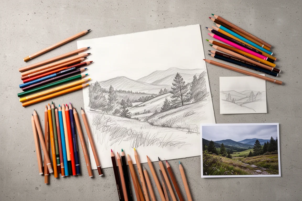 Artista dibujando reflejos en una escena de paisaje con lápices y referencias