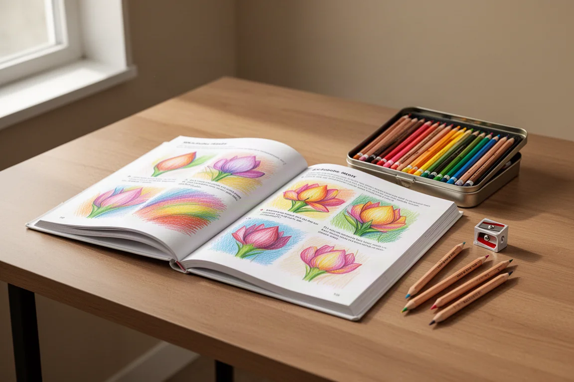 Open colored pencil instruction book on a wooden desk beside pencils and a sharpener