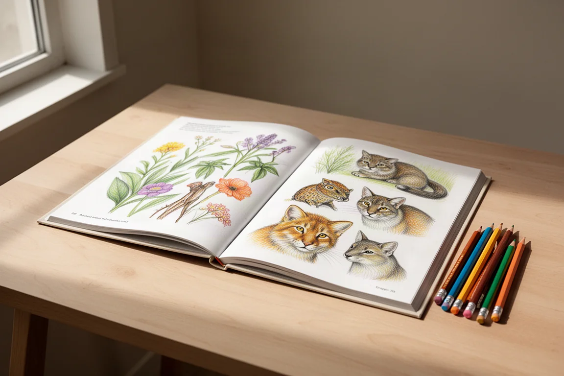 Open colored pencil instruction book on a desk with pencils beside it