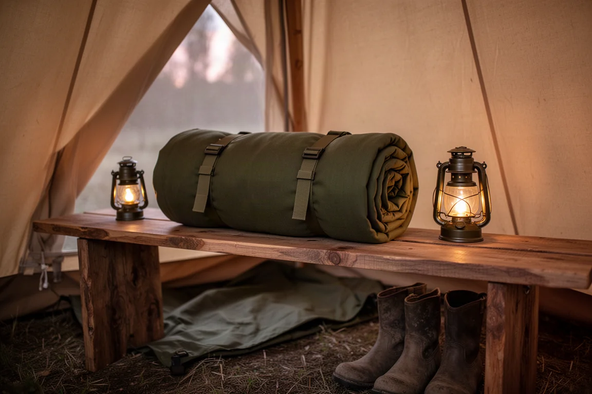 Rolled military bedroll with webbing straps on a wooden bench inside a canvas hot tent