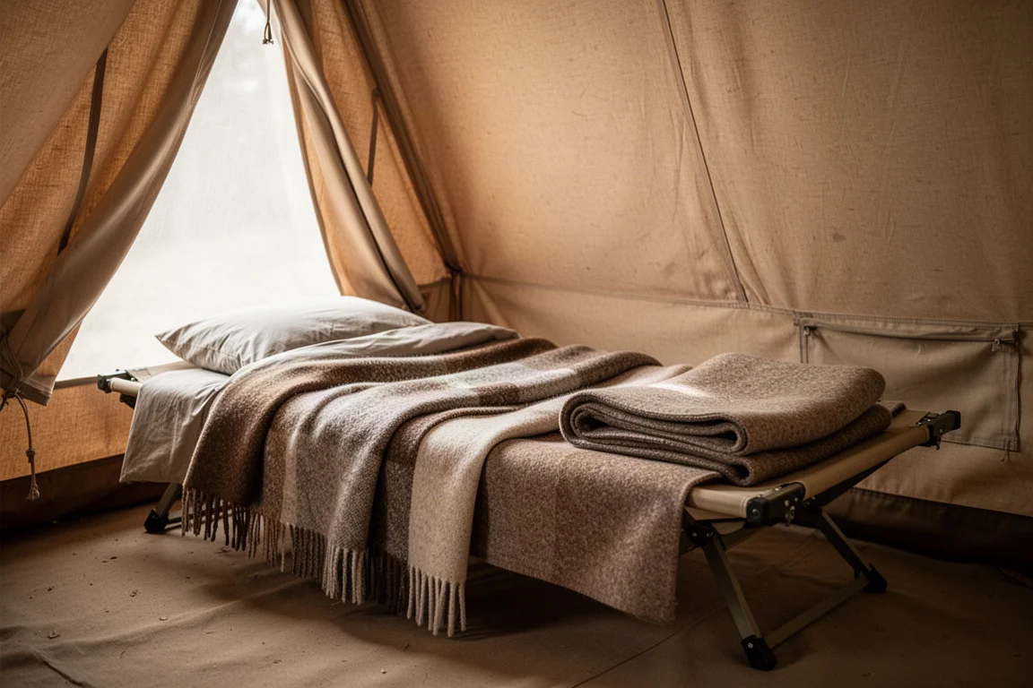 Camp cot with layered blankets inside a canvas tent in soft daylight