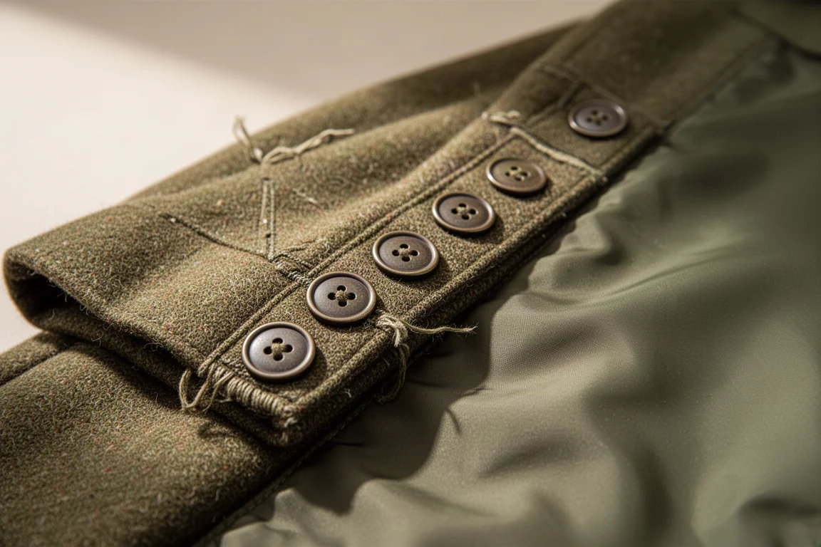 Close-up of metal buttons and worn fabric on surplus camping bedding