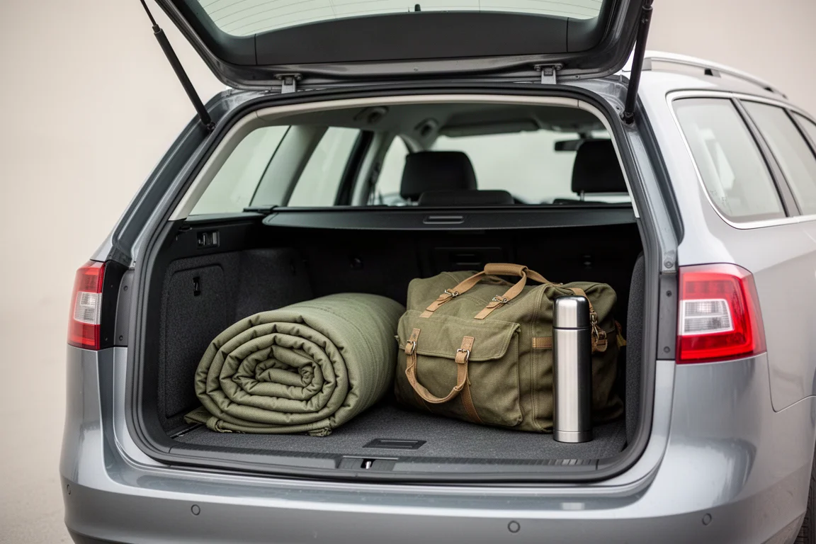 Folded surplus bedroll stored in a car cargo area beside camping gear