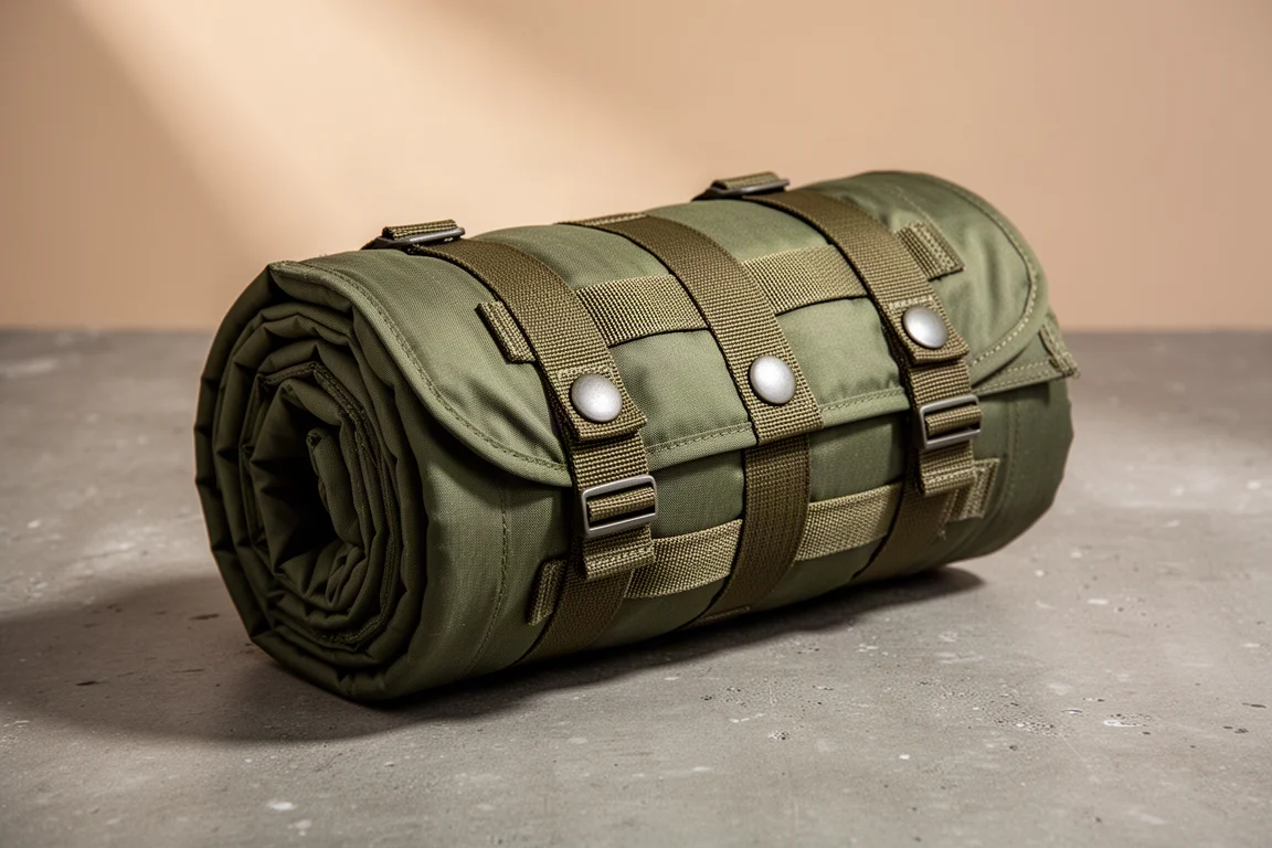 Rolled military surplus sleep system bedroll with compression straps on a concrete surface