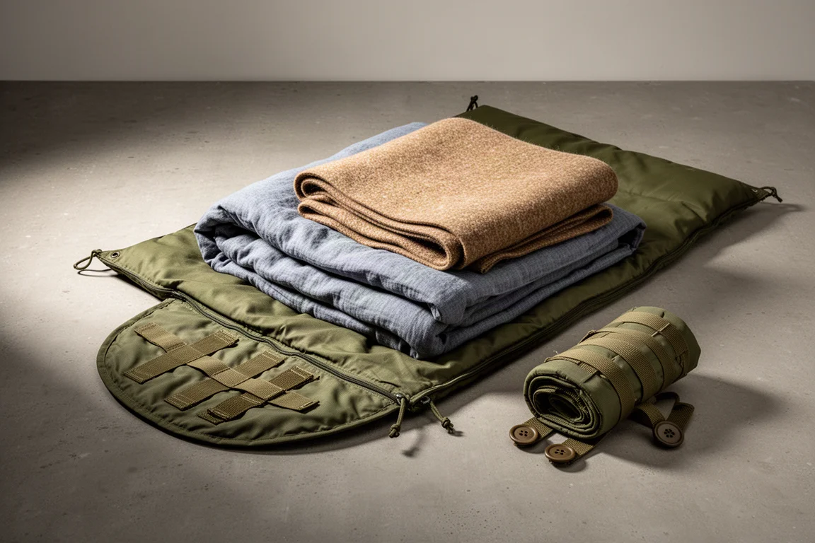 Överskotts militärt sovsystem lager med linne, yllefilt och nylonskal på betong