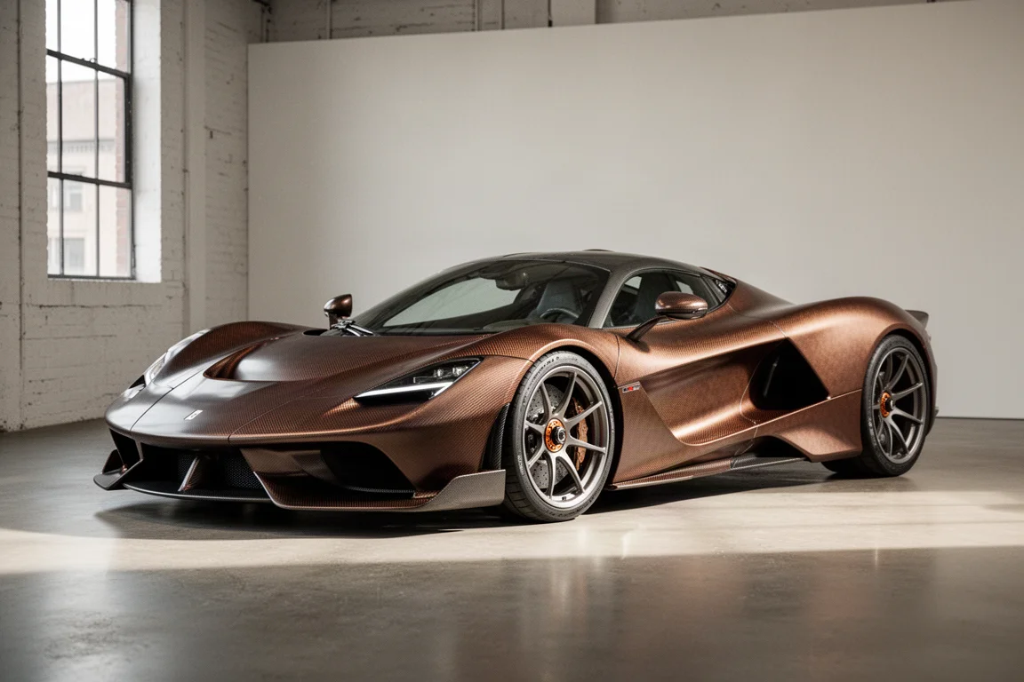 极简展厅中的开放式hypercar,棕色碳纤维车身