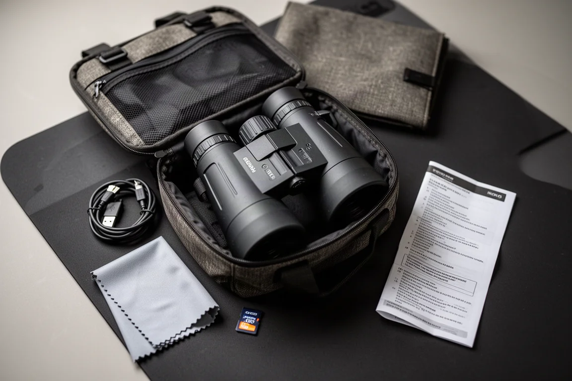 Open carrying case with night vision binoculars and accessories laid out