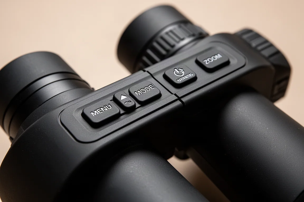 Close-up of the top control buttons on digital binoculars