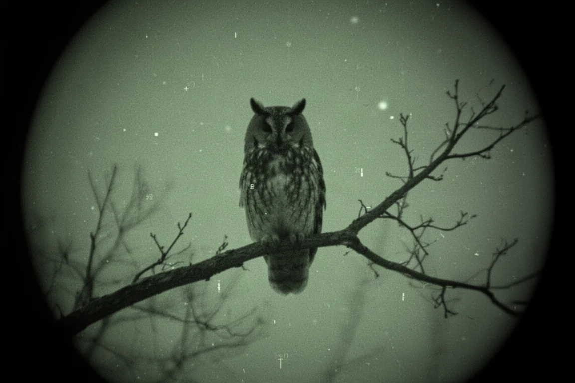 Green-tinted night vision view of a bird perched in darkness