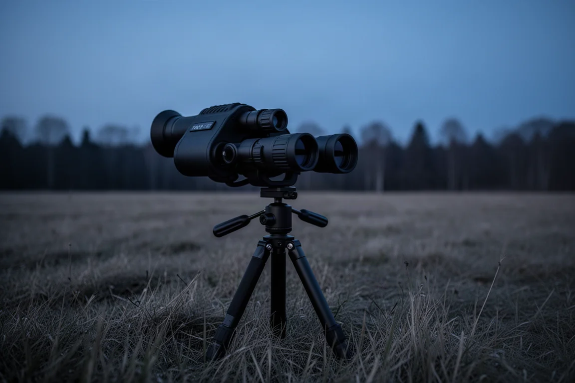 Night vision binoculars mounted on a tripod outdoors at dusk