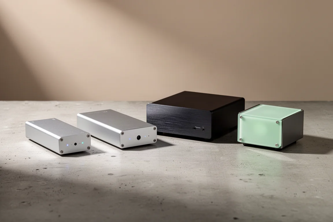 Four compact desktop digital-to-analog converters arranged in a row on a concrete surface
