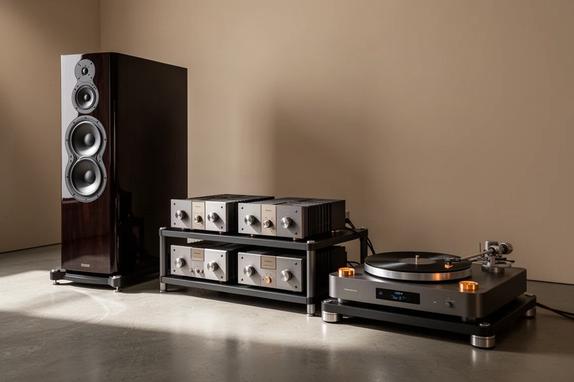 High-end analog hi-fi system with large speaker, monoblock amplifiers, and turntable