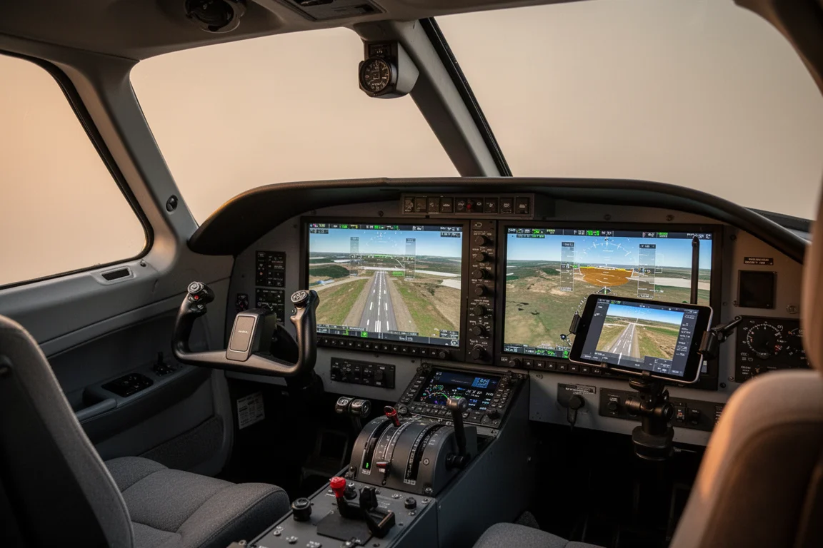 Turboprop-Cockpit mit Synthetic-Vision-Displays, die Gelände und Gebäude voraus anzeigen