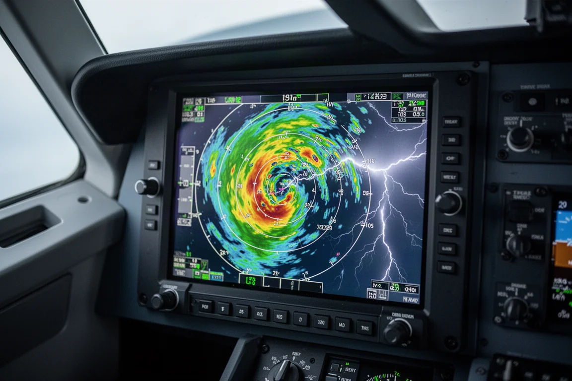 Wetterradar-Display im Glascockpit mit Gewitterzellen während des Flugs