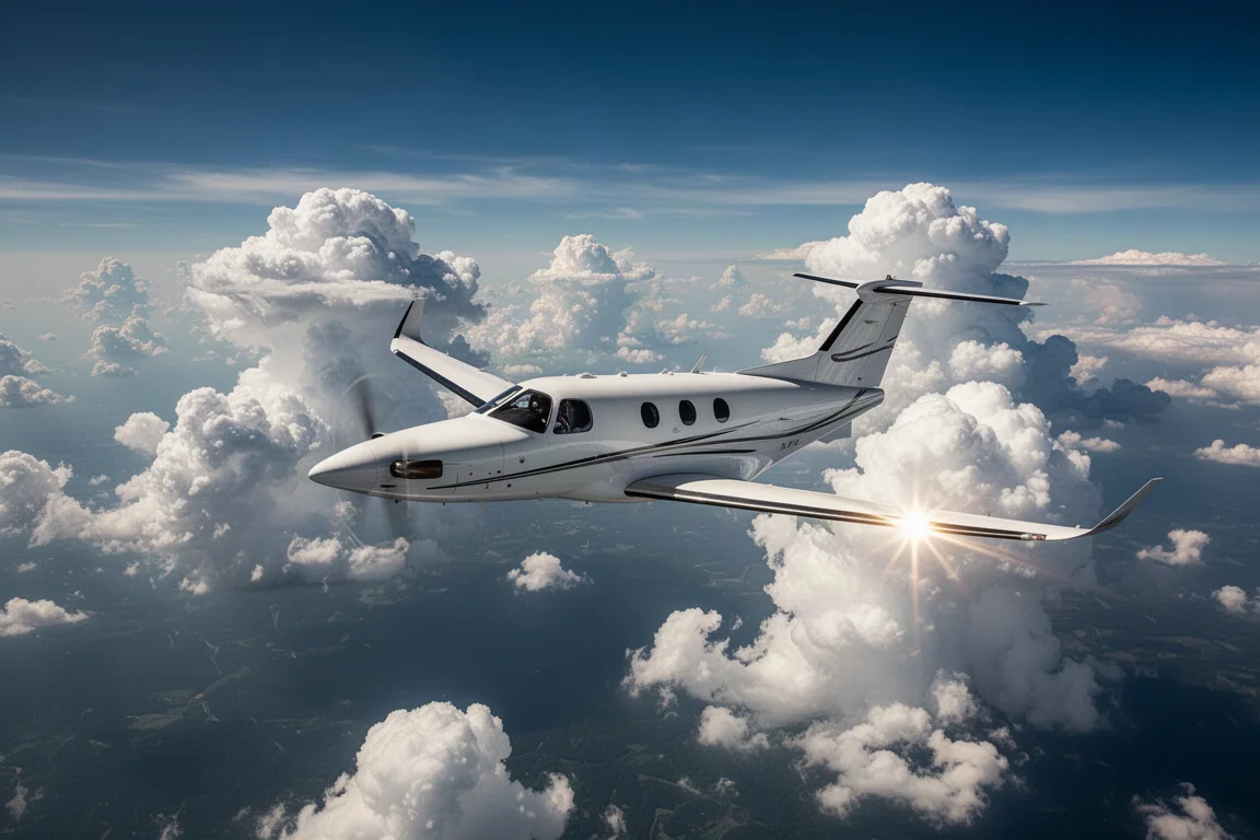 Einmotoriger Turboprop fliegt in großer Höhe über vereinzelter Gewitterwolken