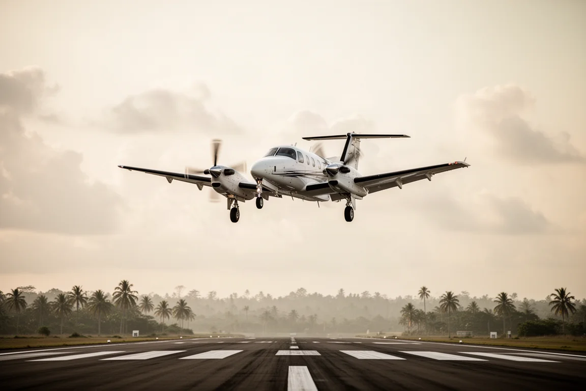 Turboprop im kurzen Endanflug über eine Landebahn bei diesigen tropischen Bedingungen