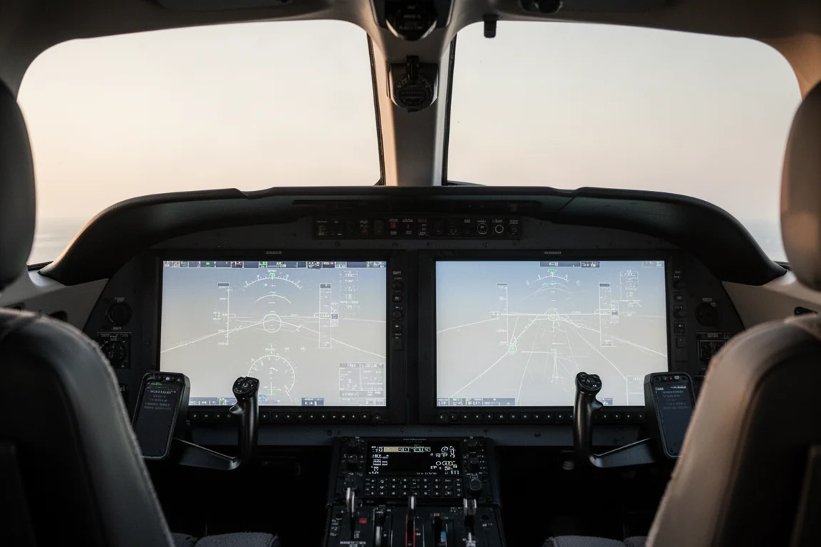Turboprop cockpit with large glass display panels illuminated before flight