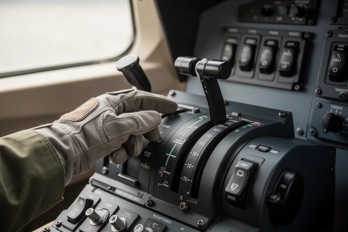Pilot's hand smoothly advancing a sleek throttle quadrant in a modern cockpit