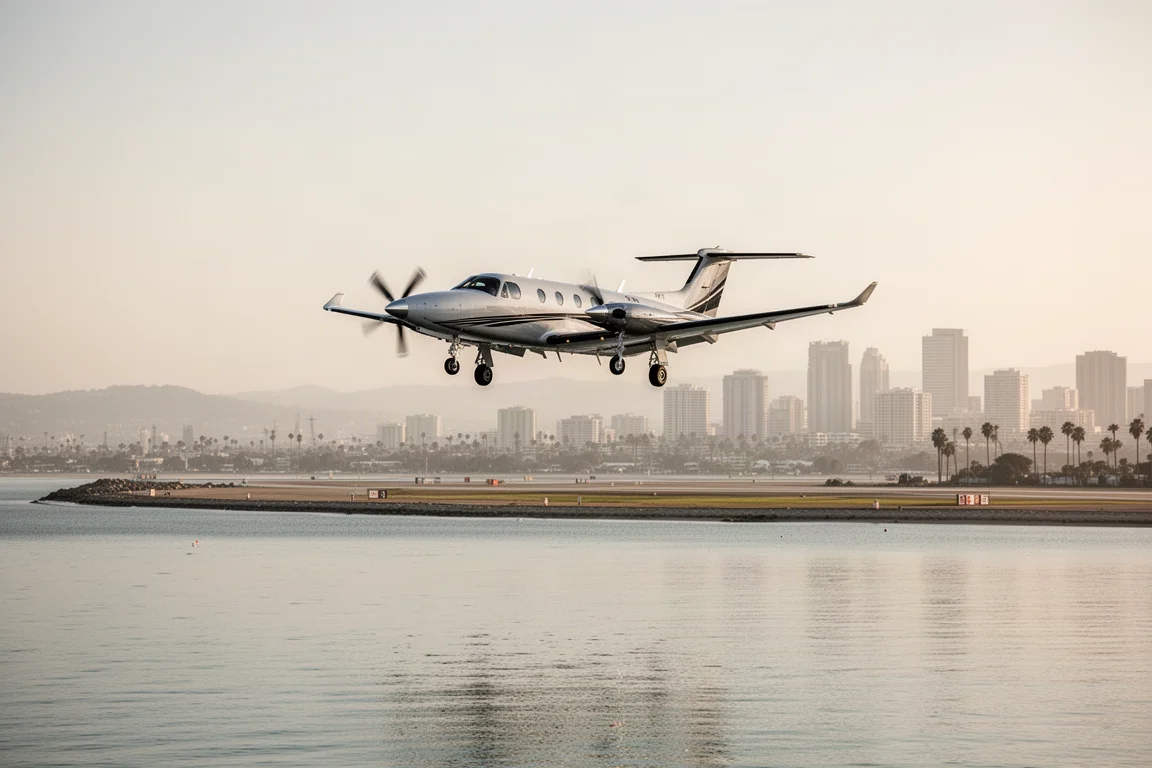 Turboprop on short final over calm bay water approaching a coastal runway