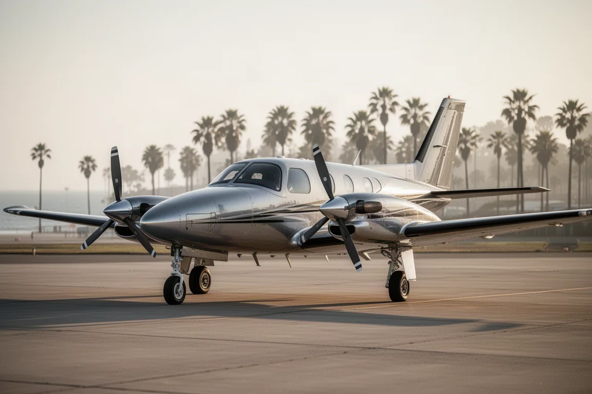 Sleek single-engine turboprop parked on a sunlit coastal airfield ramp