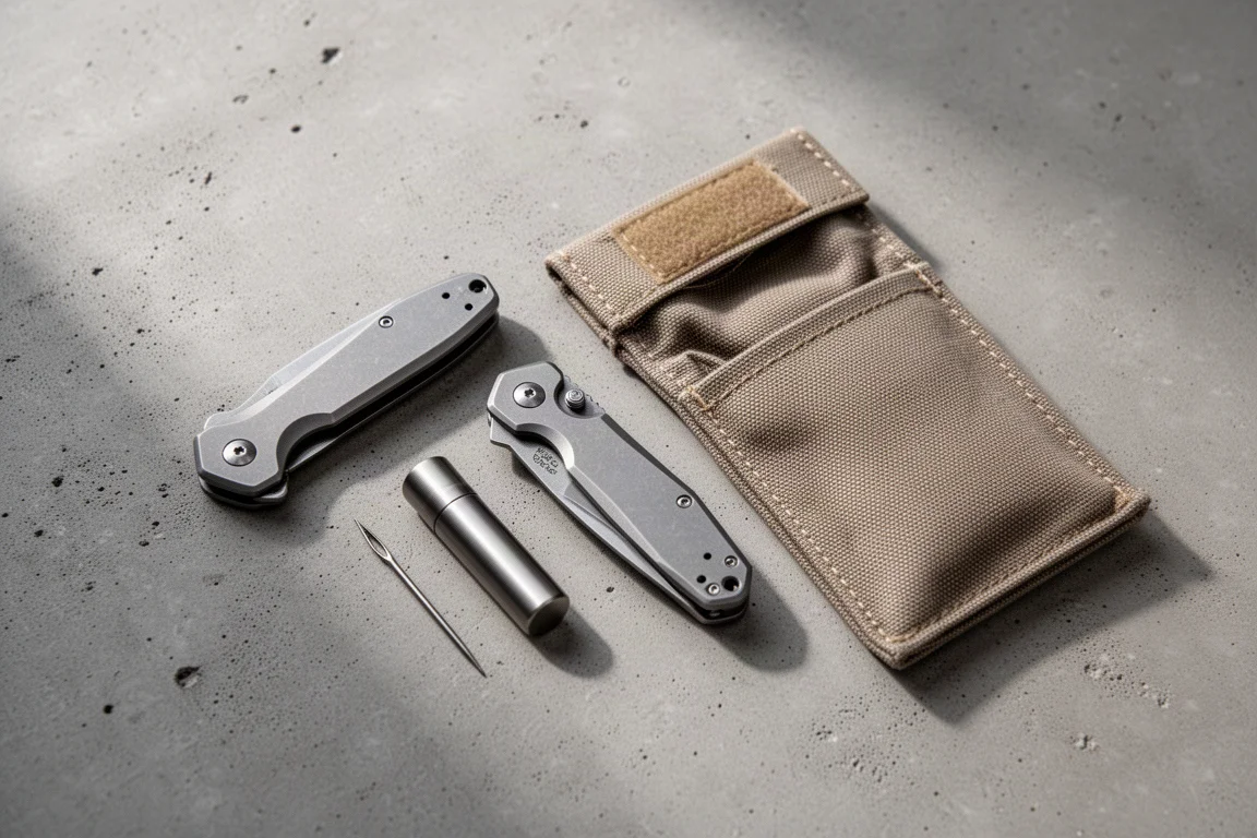 Minimalistisches EDC-Flat-Lay mit Messer, Zahnstocher und Taschenorganizer