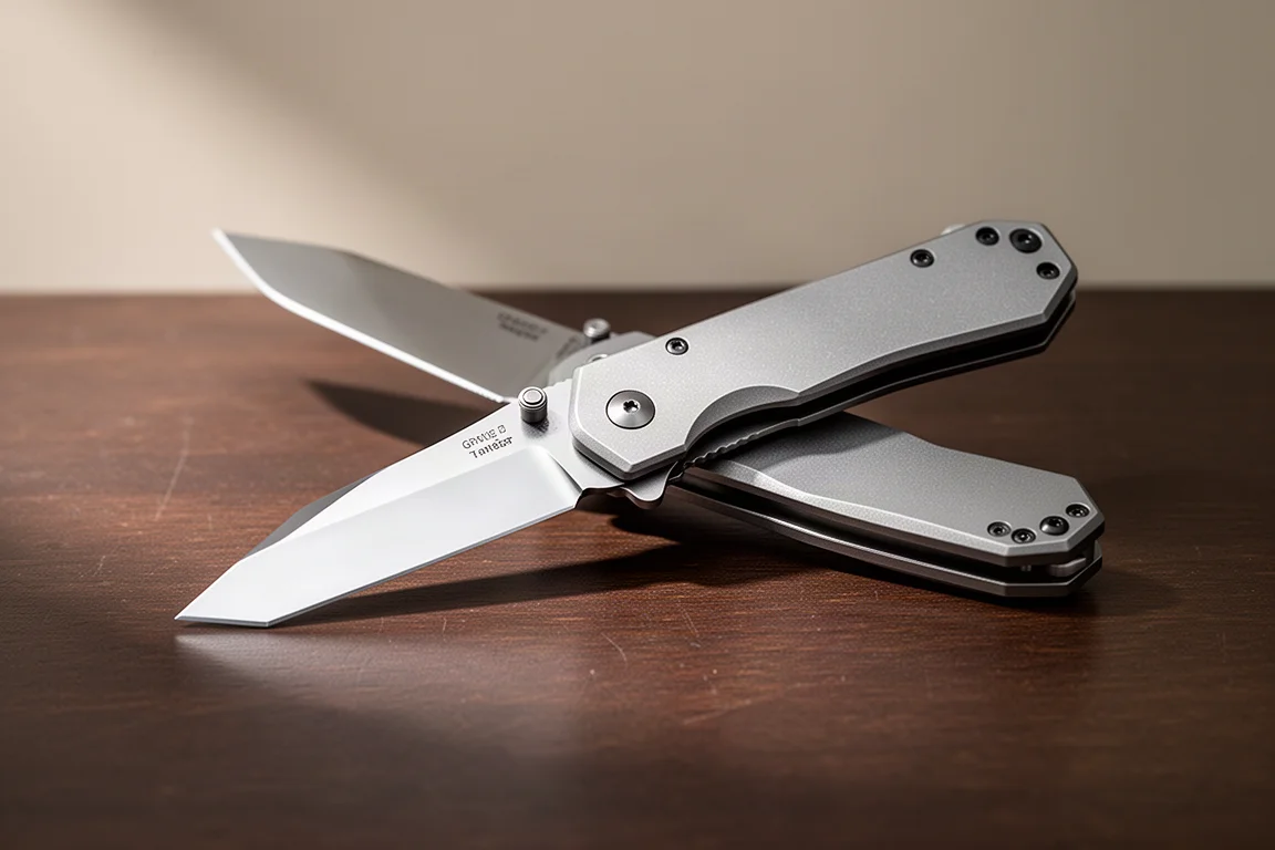Folding knife with titanium handles and polished Tanto blade on dark wooden surface