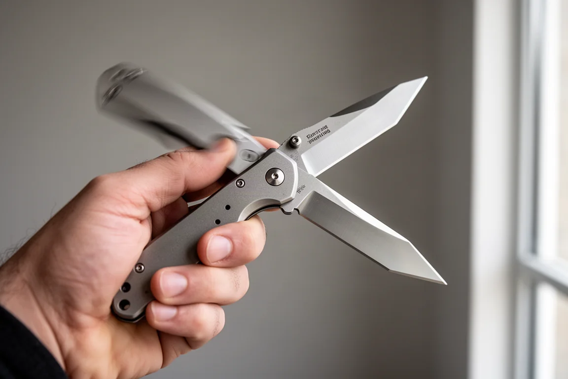 Coltello gravity aperto a una mano con la lama estratta con un movimento del polso