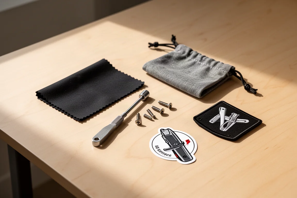 Accessori della confezione del coltello disposti su una scrivania di legno