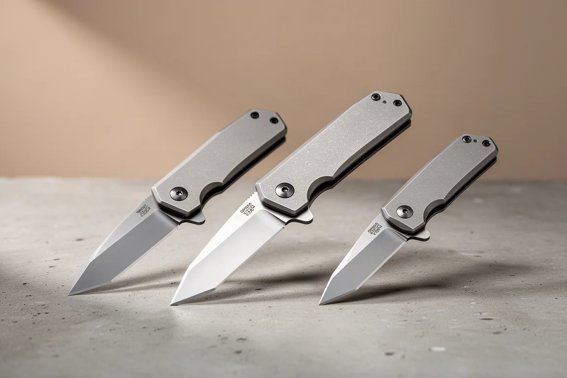 Three titanium gravity knives with polished Tanto blades on a concrete surface