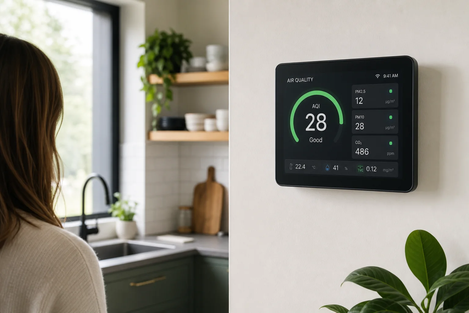 Person checking air quality readings on a home monitor display