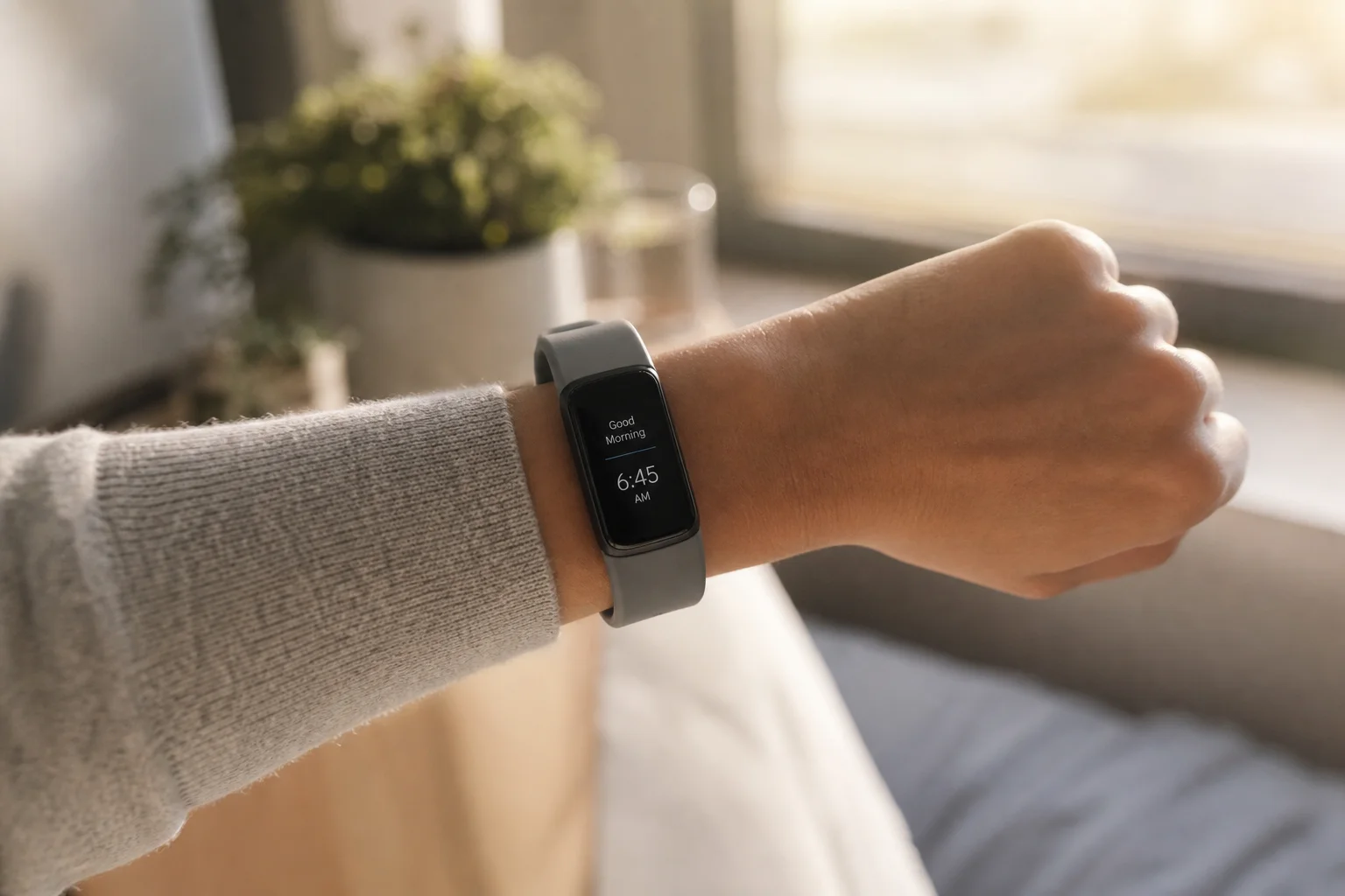 Wearable fitness tracker on a wrist during morning routine