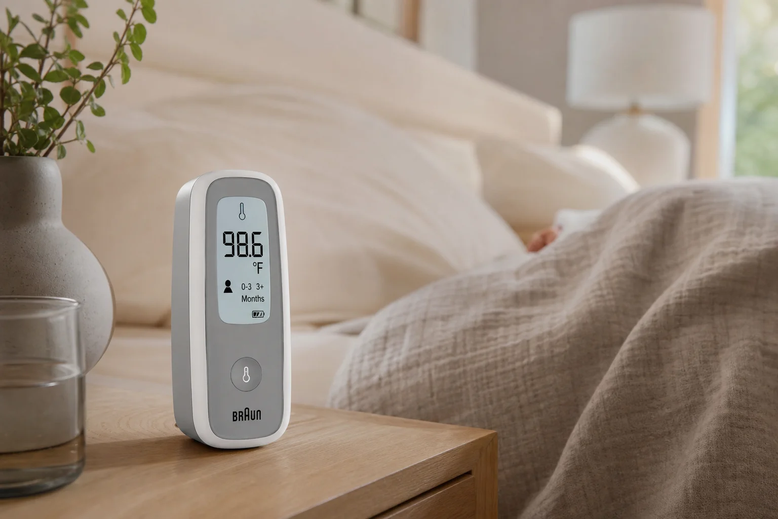 Temperature measurement device being used in a bedroom setting