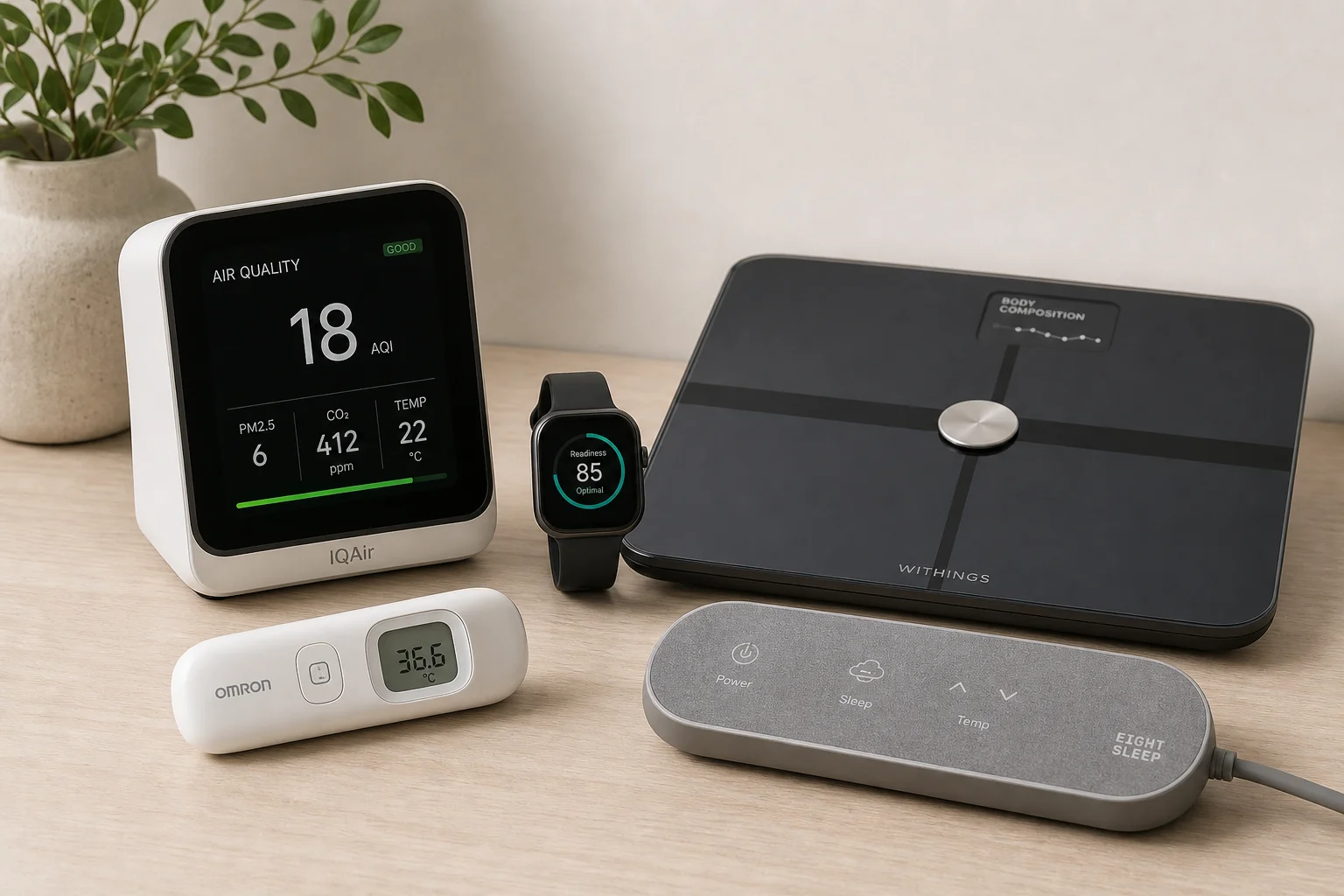 Collection of health monitoring devices including air quality monitor, smartwatch, scale, and sleep technology on wooden surface