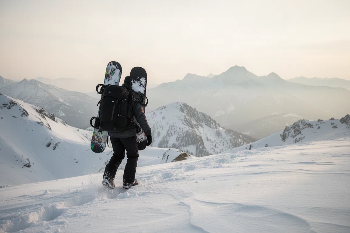 Snowboarder die op een besneeuwde berg omhoog wandelt met een rugzak