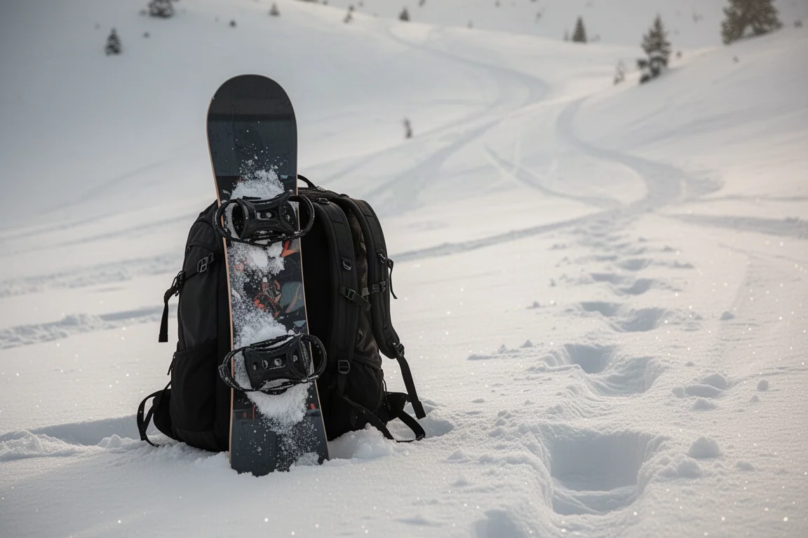 Snowboard tijdens een wandeling aan de zijkant van een rugzak bevestigd