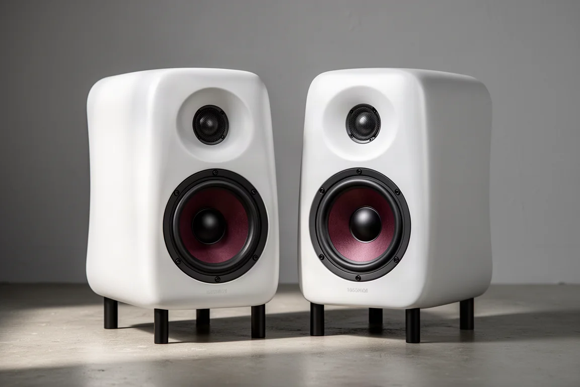 Satin white standmount speakers on slim black stands against a soft grey wall